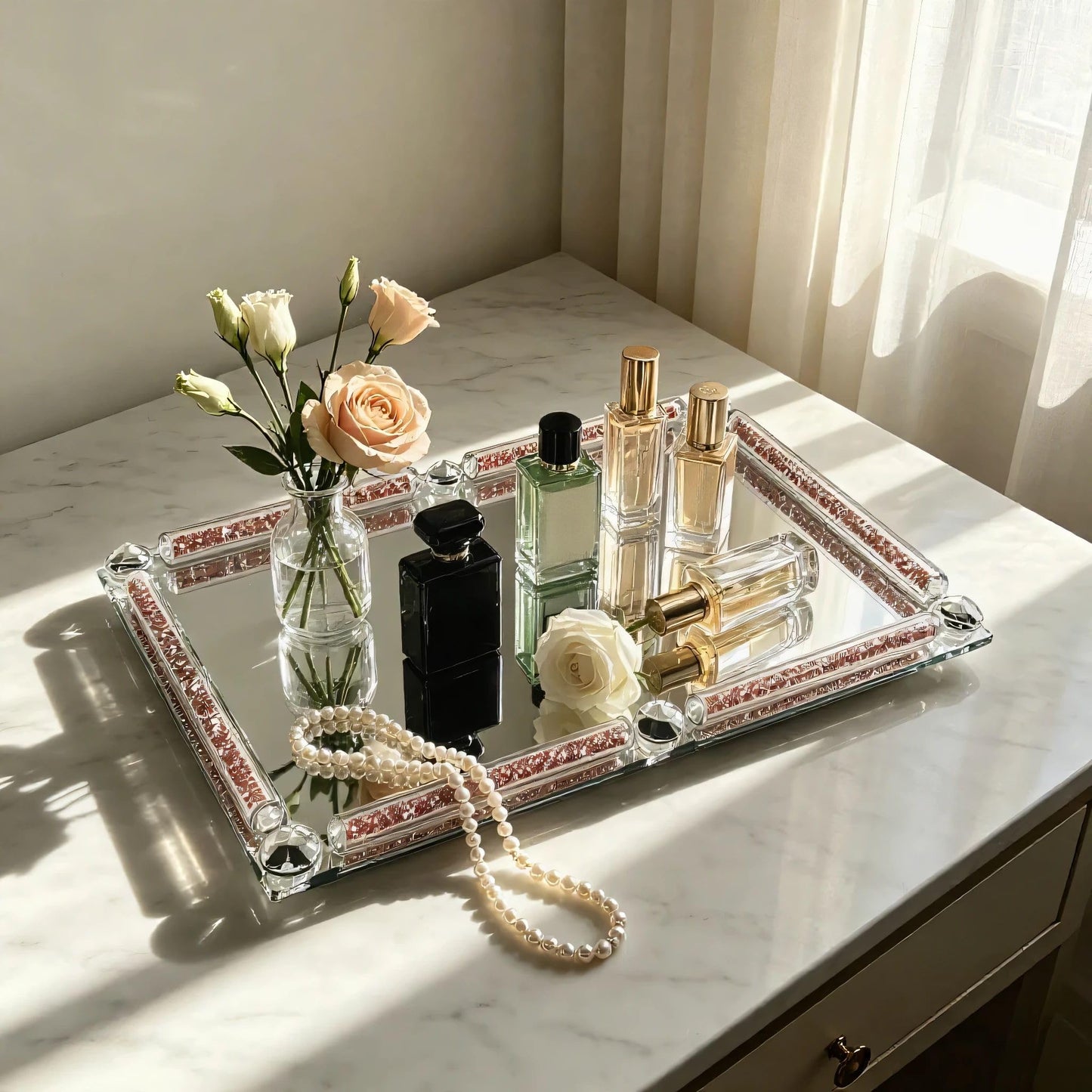 HMRCYTE Crystal Perfume Tray, 11.8" x 7.9" Mirror Glass Vanity Tray for Dresser, Cosmetic Jewelry Trinket Tray, Crushed Diamond Home Decor, Decorative Tray for Vanity Christmas Party Gift