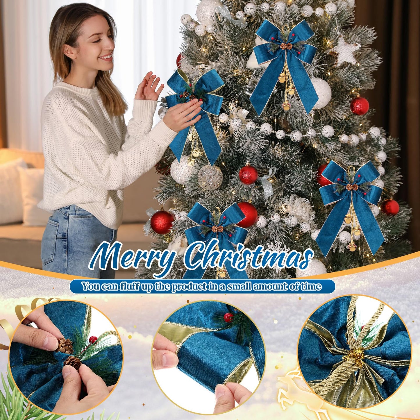 Yinkin 4 Pcs Christmas Tree Wreath Bow Christmas Ribbon Bows with Bells 11 x 7.8 in Velvet Pine Cone Bowknot Xmas Tree Hanging Ornaments Decor for Home Xmas Party Outdoor Indoor (Lake Blue)