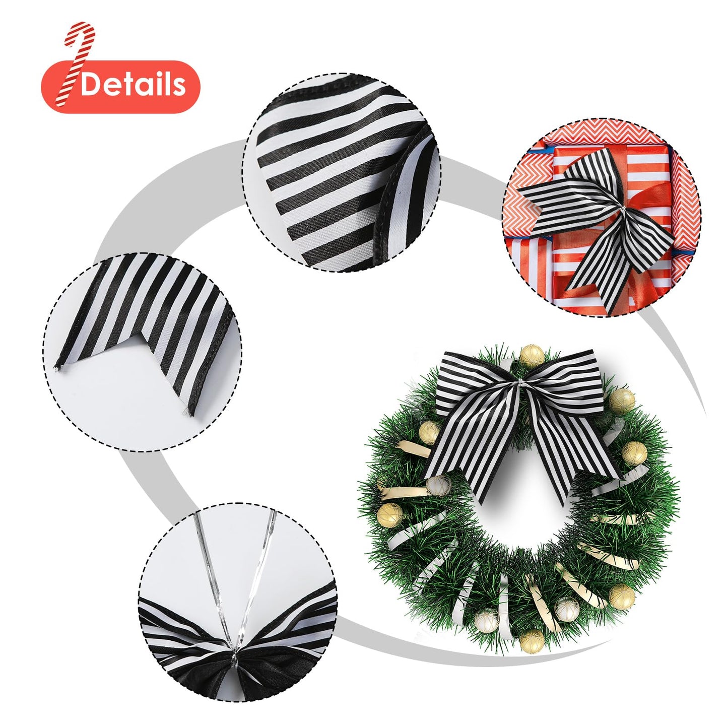 Fancheer 12 Pcs Christmas Bows Decorations Large Christmas Tree Bows Xmas Wreath Ribbons Ornaments Halloween Party Gift Decor Black White Striped for Nightmare Jack