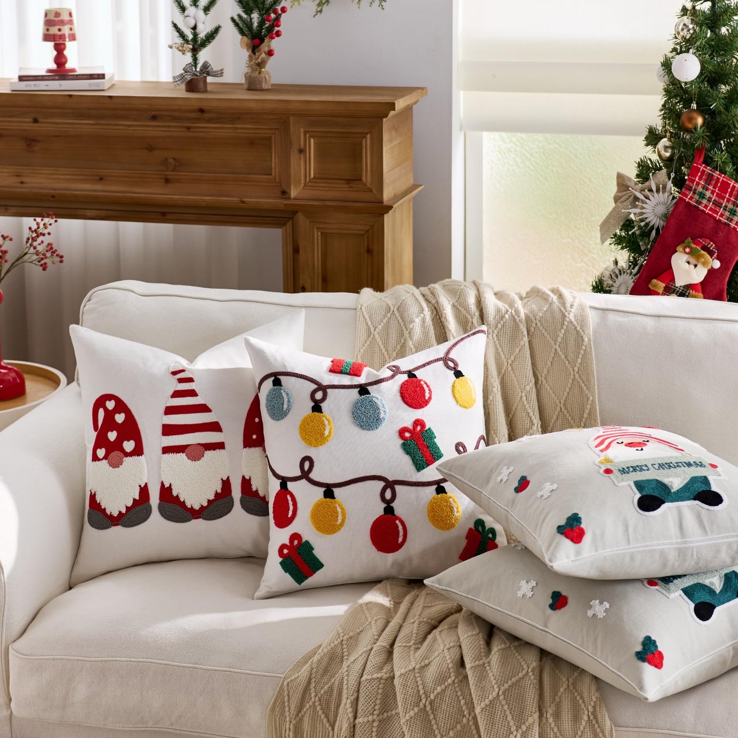 Farmhouse Christmas Pillow Covers 18x18 Set of 2, Xmas Embroidered Throw Cushion Cases with Festive Patterns for Rustic Home Holiday Decor (Gnome Trio Light Grey, 18" x 18" (Pack of 2))