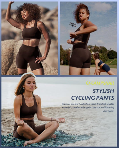 CAMPSNAIL Biker Shorts Women with Pockets - 3"/5"/8" High Waisted Workout Spandex Tummy Control Gym Running Yoga Shorts Chocolate