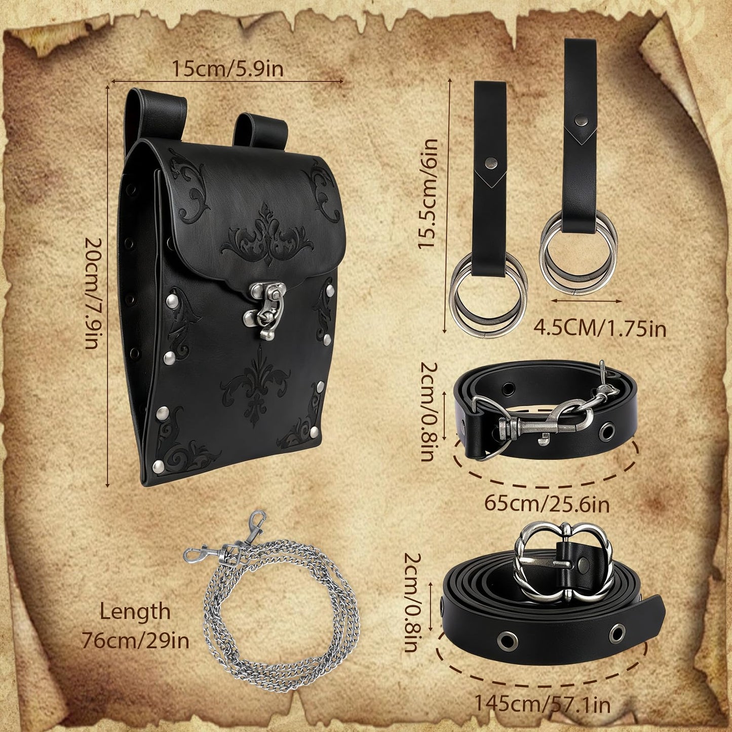 TobWeaL Renaissance Pirate Chain Belt Pouch Set - Medieval Viking Skirt Hike Faux Leather Waist Bag Costume Accessories for Cosplay (Black)