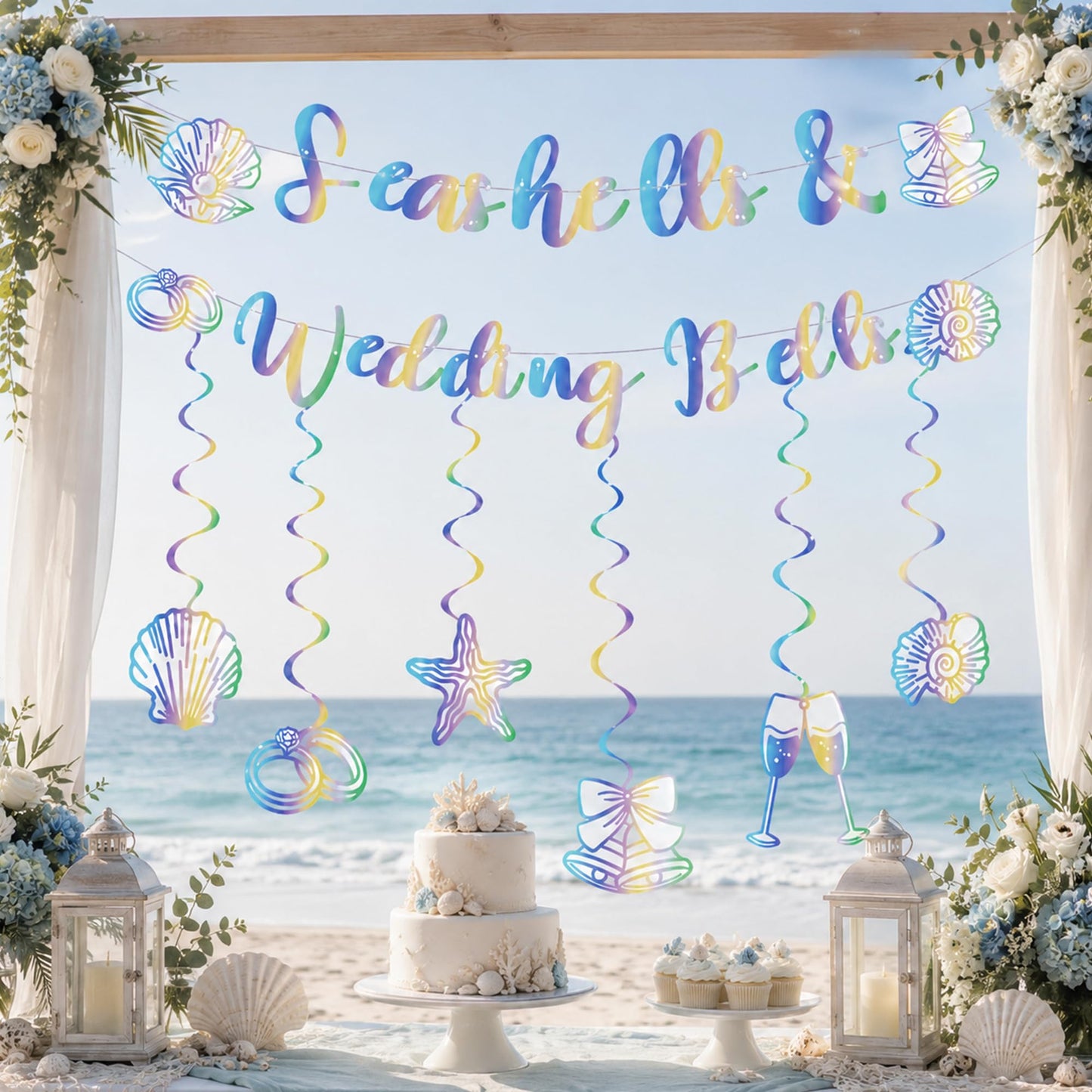 Seashells and Wedding Bells Decor - Rainbow Iridescent Holographic Bachelorette Bridal Shower Decorations Last Toast on the Coast Party Garland Hanging Swirls