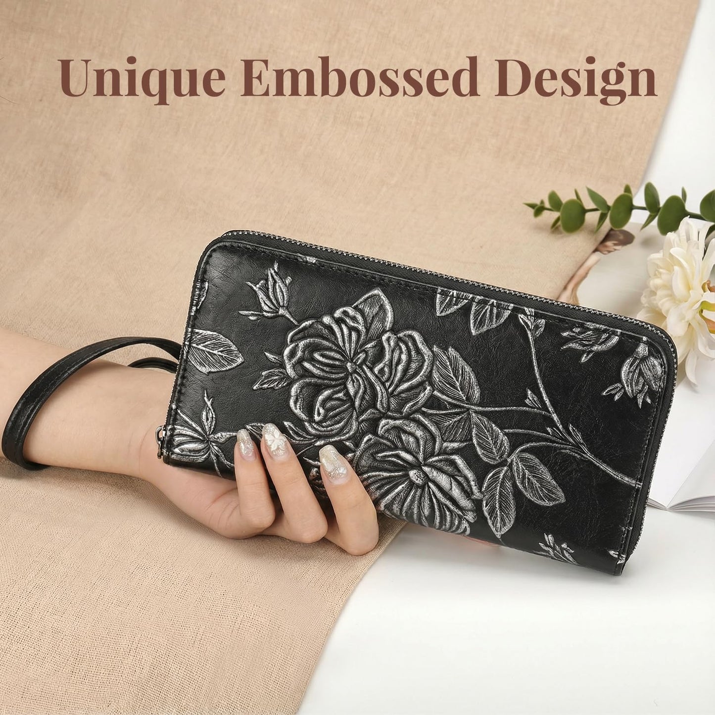 FORUWISH Wallet Women RFID Credit Card Holder Embossed Vegan Leather Large Capacity Black Wristlet Wallets for Women