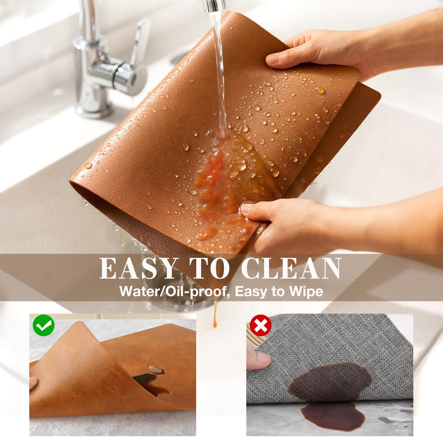 Roxifina Vinyl Placemats Set of 6 - Faux Leather Waterproof Washable PU Place Mats, Heat Resistant 12 x 17 Inch Easy Clean Wipeable Non-Slip Table Mats for Dining, Kitchen, Outdoor (Reddish Brown)