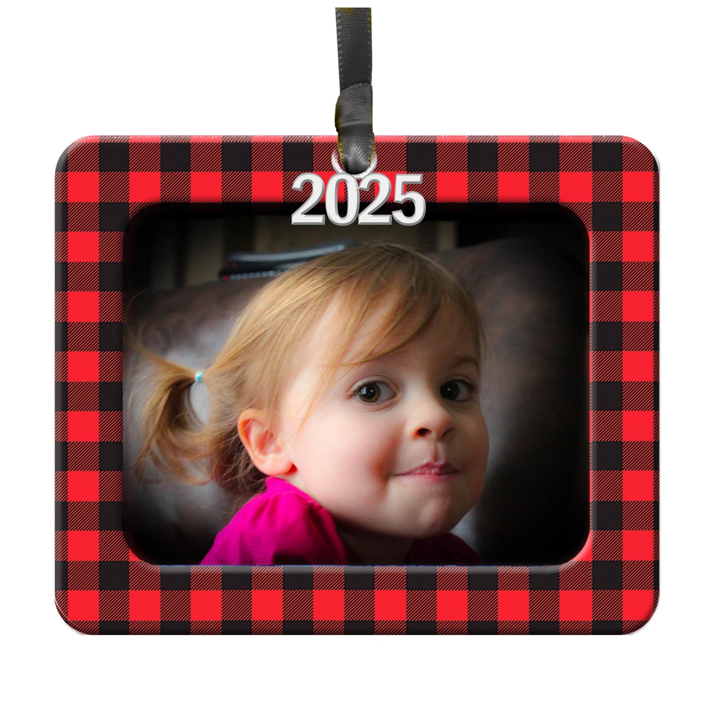 Expressly Yours! Photo Expressions 2025 Photo Ornaments for Christmas Tree, Christmas Picture Frame Ornament, Easy-Load Magnetic Frame with Ribbon, Charm & Photo Protector, Horizontal Buffalo Plaid
