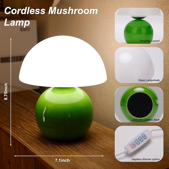 Small Mushroom Lamp,USB-Plug in Bedside Table Lamps with 3-Temperature LED Bulb Dimmable,Unique Cute Aesthetic Home Decor for Living Room,Bedroom, Modern Ceramic Base Glass Lamp(Green)