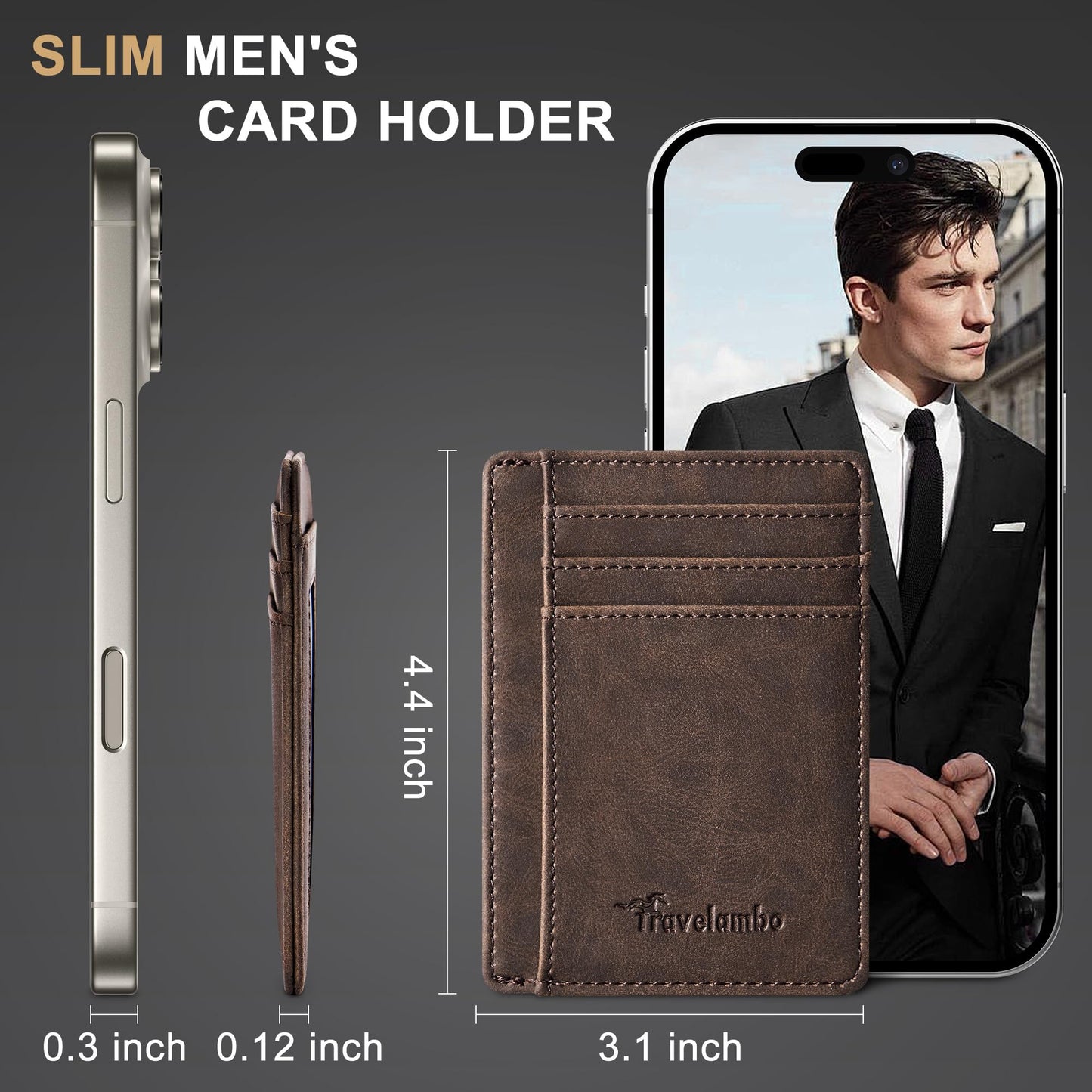 Travelambo Slim Wallet Front Pocket Minimalist Leather RFID Blocking Medium Size