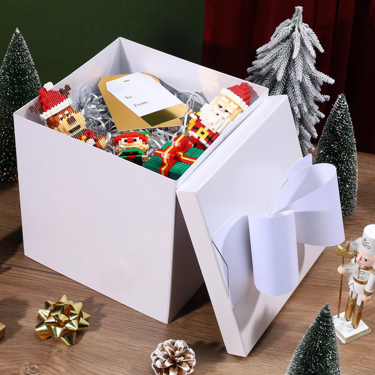 LaRibbons Large White Gift Boxes with Lid and Bow – 10x10x10 Inch Collapsible Square Box for Birthday, Wedding, Baby Shower, Christmas, Party Gifts, All Occasion