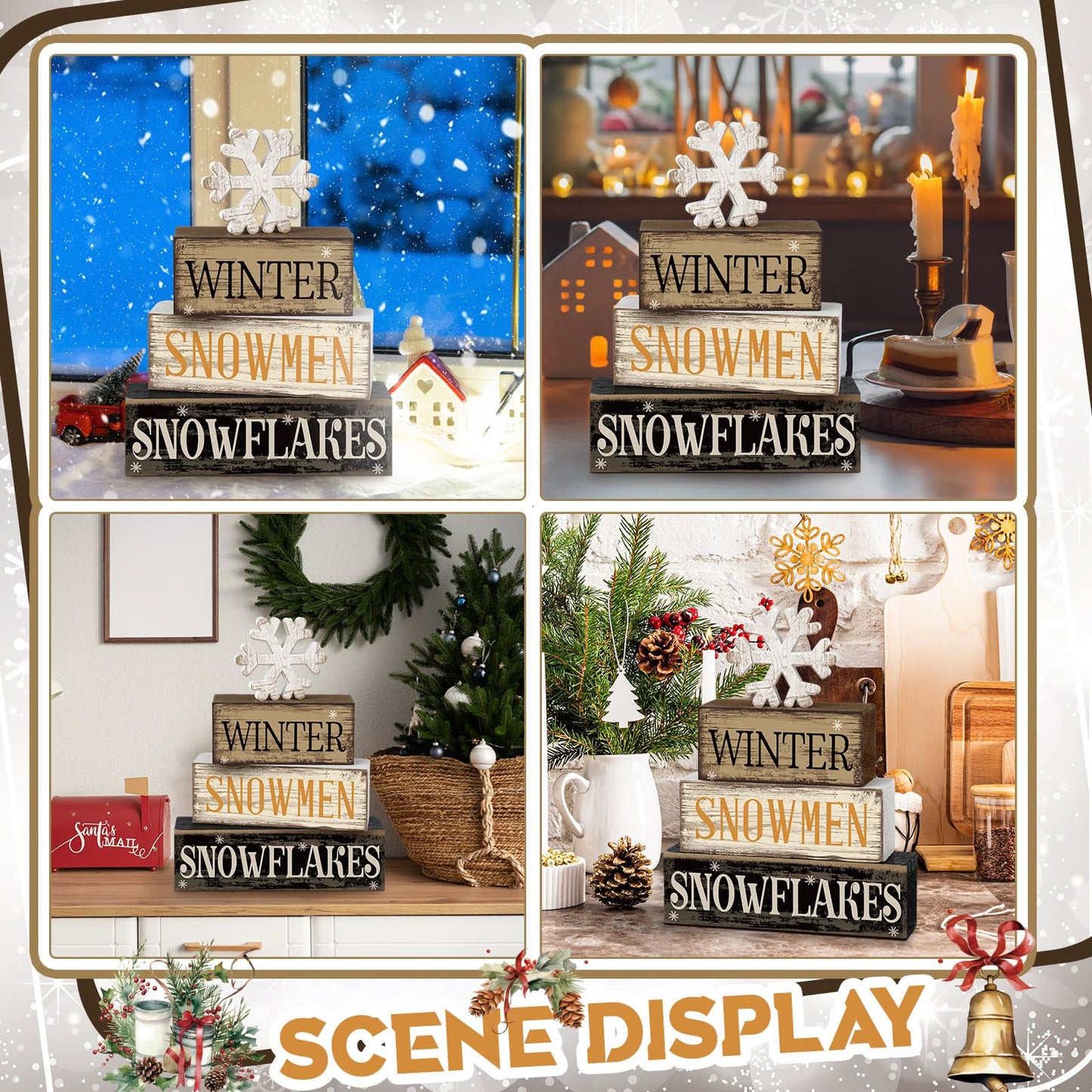 Moucuny 4 Pcs Winter Table Decorations Wooden Snowflake Decor Christmas Tiered Tray Decor Rustic Snow Block Signs Gift Farmhouse Christmas Centerpiece for Winter Wonderland Party Kitchen Shelf Home