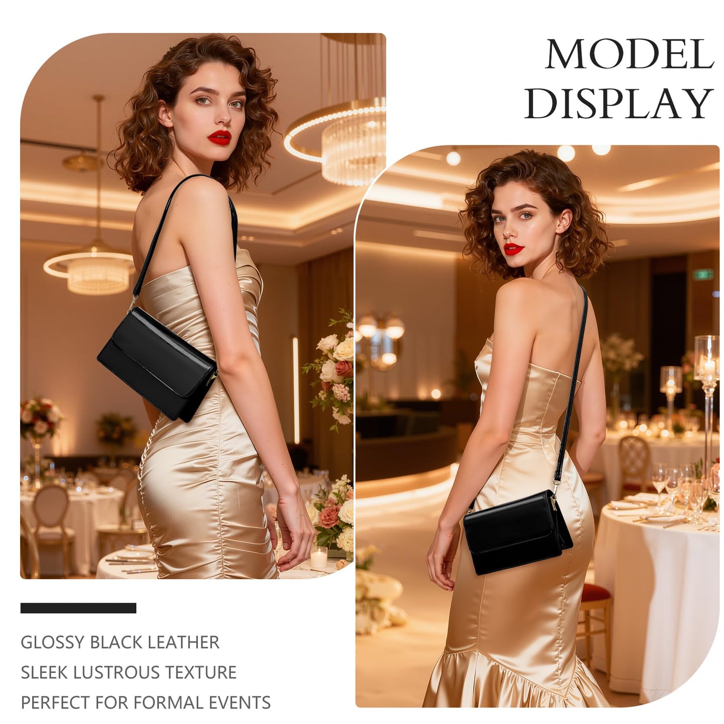 Toptime Patent Leather Evening Bag Clutch Purse for Women, Shiny Black Shoulder Bag with Adjustable Strap, Envelope Crossbody Bags Handbag with 2 Compartments for Prom Cocktail Party Wedding