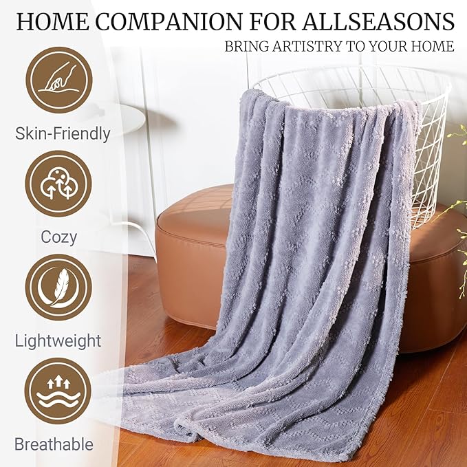 Jacquard Boho Fleece Throw Blanket-Cozy Fluffy Soft Lightweight Fuzzy Blanket for Sofa, Couch, Bed, Chair & Car, Gifts for Teen Girls, Women & Men, Home and Dorm Decor, Light Gray, 50" x 70"