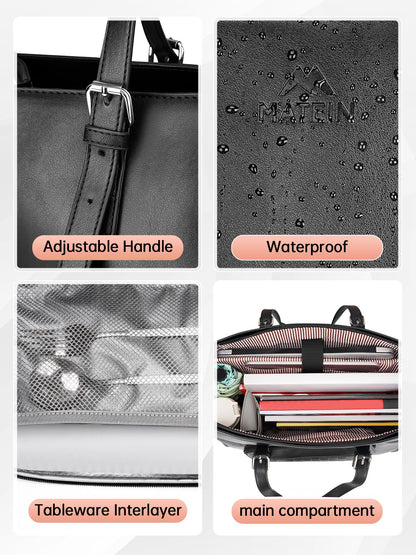 MATEIN Laptop Tote Bag with Insulated Lunch Compartment, 15.6 Inch PU Leather Briefcase with Leakproof Lunch Box Pocket for Women, Convertible Lightweight Computer Work Bag Handbag for Office, Black