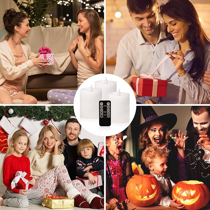 3"x4" Flickering Flameless Candles with Remote Timer- Set of 3 Real Wax White Pillar LED Candles for Indoor/Outdoor Fireplace & Home Decor, Battery Operated with 600+ Hours Flickering (3" Diameter)