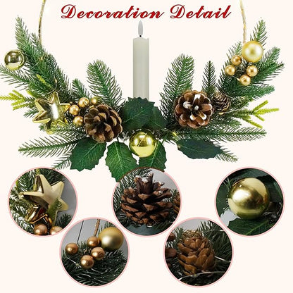 2Pack Christmas Wreaths for Front Door with Lights & Flickering LED Taper Candles & Remote, 16'' Windows Wreaths, Fireplace Christmas Decorations - Gold