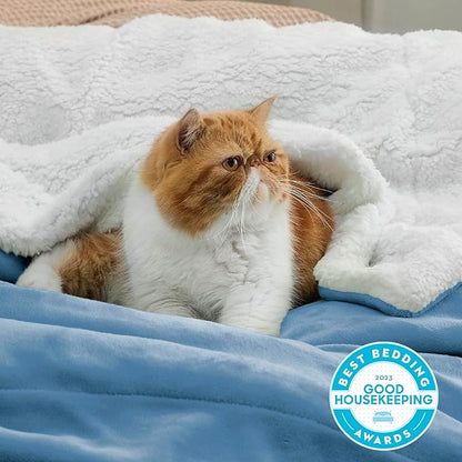 Bedsure GentleSoft Sherpa Fleece Blankets Queen Size for Bed - Thick and Warm Throw for Men, Soft Fuzzy Plush Queen Blanket for Winter, Washed Blue, 90x90 Inches