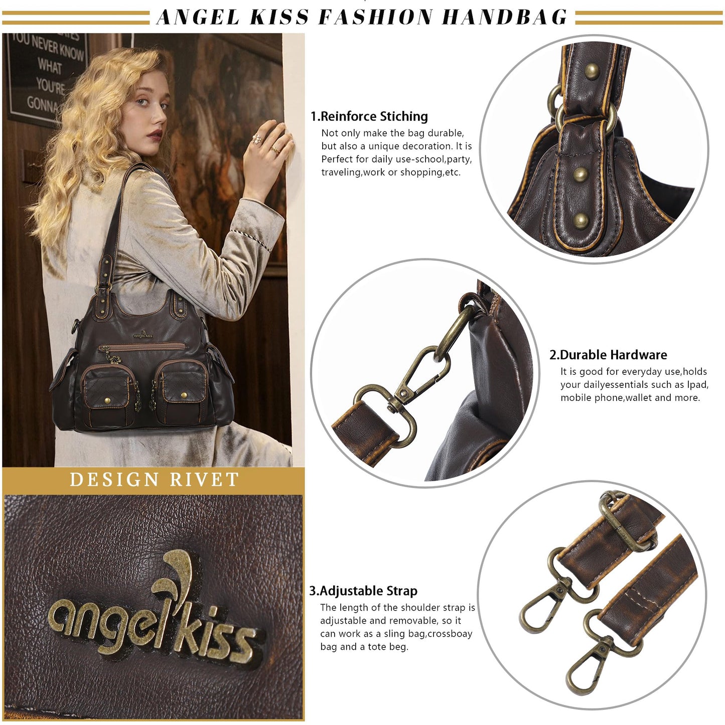 Angel Kiss Purses for Women Hobo Bag Soft PU Leather Shoulder Bag for Women Brown