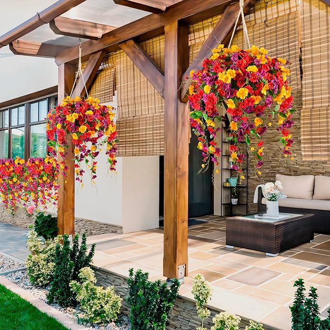 Artificial Flowers for Outdoors 2 Pack Fake Hanging Plants with Faux Hibiscus Flowers Summer Fall Decor UV Resistant Silk Leaves for Indoor Outdoor Front Door Porch Patio Planter Decor