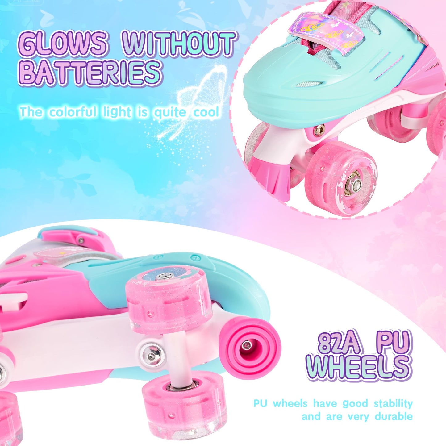 2PM SPORTS Adjustable Roller Skates for Girls Kids Ages 3-5 4-7 5-8 6-12 8-12 with Light Up Wheels, Outdoor Indoor Rollerskates for Kids Beginner Toddler Little Girl Youth Pink Green Butterfly