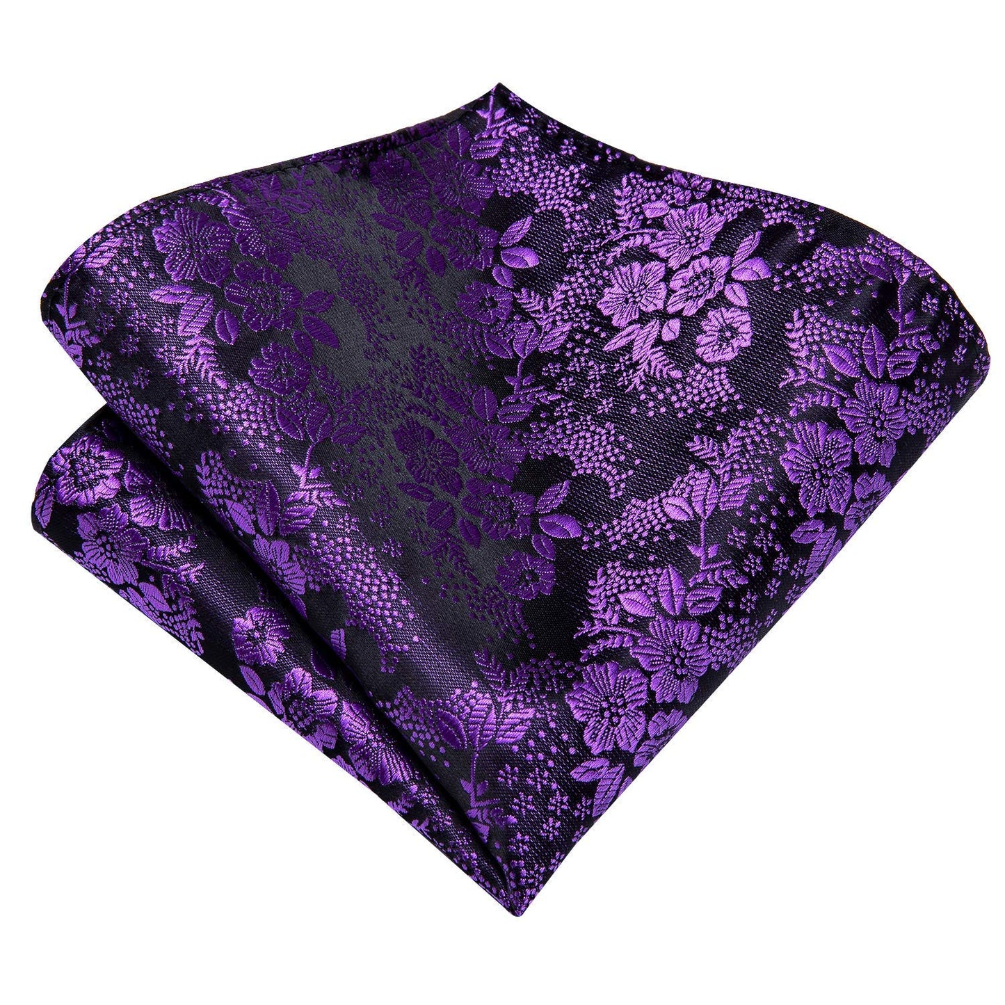 Hi-Tie Mardi Gras Purple and Black Silk Suspenders for Men Tie Set Jacquard Floral Adjustable Elastic Y Braces with Strong 6 Clips Pocket Square Set Wedding Party