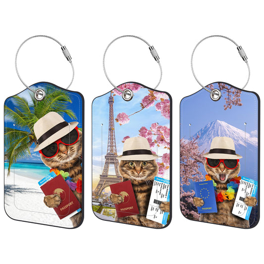3 Pack Luggage Tags for suitcases Funny Travel Cat Leather Luggage Tag, Identifiers with Privacy Name ID Label and Metal Loop for Men Women Travel Bag Suitcase