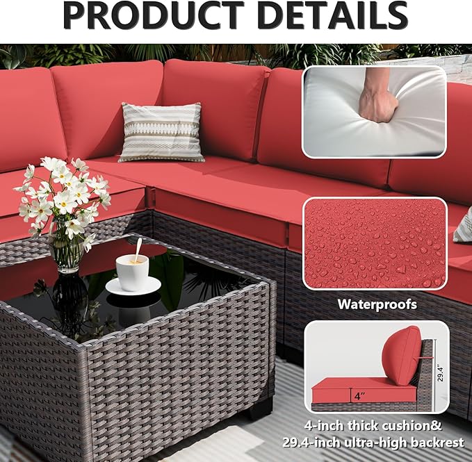 ALAULM 10 Pieces Patio Furniture Set with 2 Swivel Chairs Patio Furniture Outdoor Sectional Sofas with 55000 Gas Fire Pit Patio Conversation Set w/7 Cushions-Red
