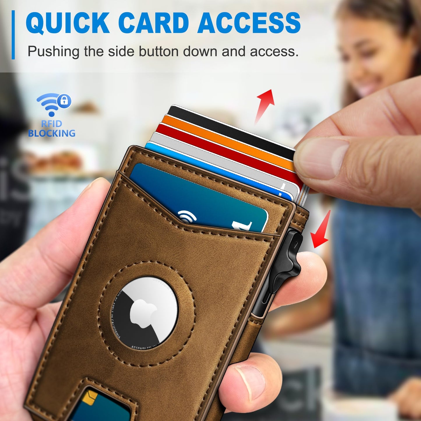 miyozi Airtag Wallet for Men Money Clip 9-Card Pop-Up Credit Card Holder with ID Window RFID Blocking Metal Case Magnetic Closure Front Pocket Wallet Gift Box