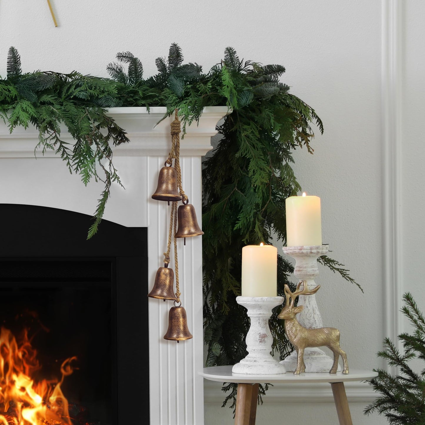 KI Store Triangular Christmas Bell Cluster 4pcs Hanging Metal Cow Bells on Jute Rope for Wreath Garland Christmas Fireplace Mantel Porch Towel Ladder Wall Decor 28-Inch