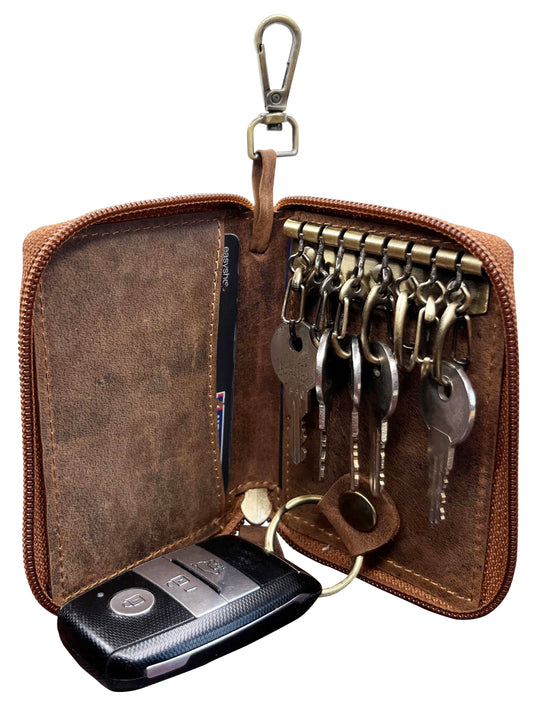 RUSTIC TOWN Leather Key Holder Case - Zippered Key Organizer Wallet with 8 Hooks for Keys, Cash, and Card - Gift for Men and Women