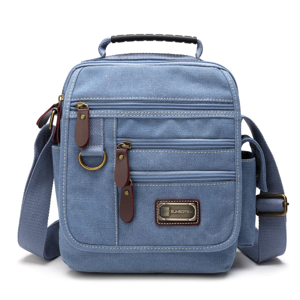 SUNSOMEN Mens bag Canvas Shoulder Bag Small Messenger Crossbody Work Bag Vintage Multi-function (Light blue)