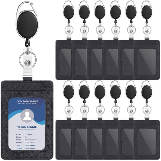 Dispowreath 12 Pack Badge Holders and Heavy Duty Retractable Reel Clips Set, Vertical Leather ID Badge Holders with Clear ID Window and Credit Card Slots for Keychain Key Card Nurse Office Credit