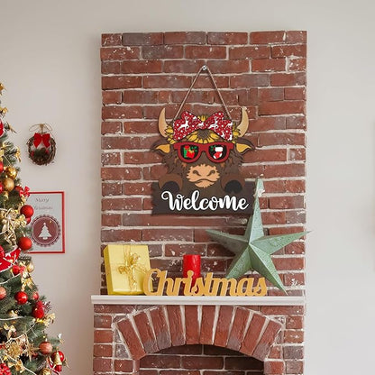 Highland Cow Front Door Decorations - Interchangeable Welcome Sign for Front Door with 16 Set Changeable Icons for Seasons Holiday Thanksgiving Christmas Door Decor