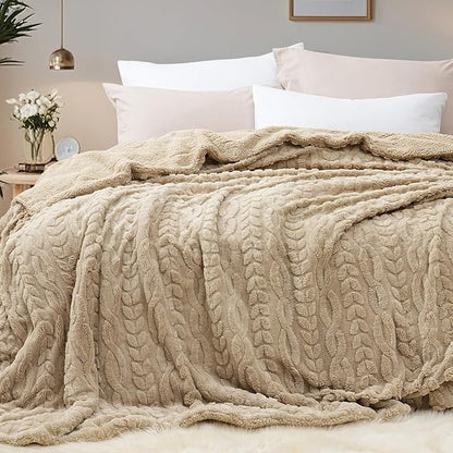 PHF Fluffy Sherpa Blanket Twin Size for Winter, Warm and Soft, 510GSM 3D Jacquard Thick Shaggy Fleece Plush Blanket for Sofa Bed, Khaki, 60"x80"