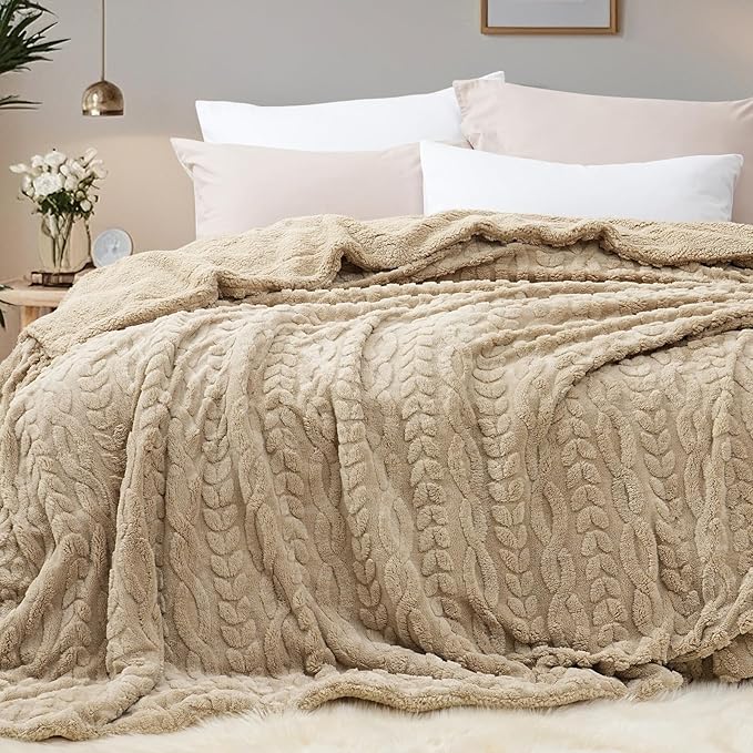 PHF Fluffy Sherpa Blanket Queen Size for Winter, Warm and Soft, 510GSM 3D Jacquard Thick Shaggy Fleece Plush Blanket for Sofa Bed, Khaki, 90"x90"
