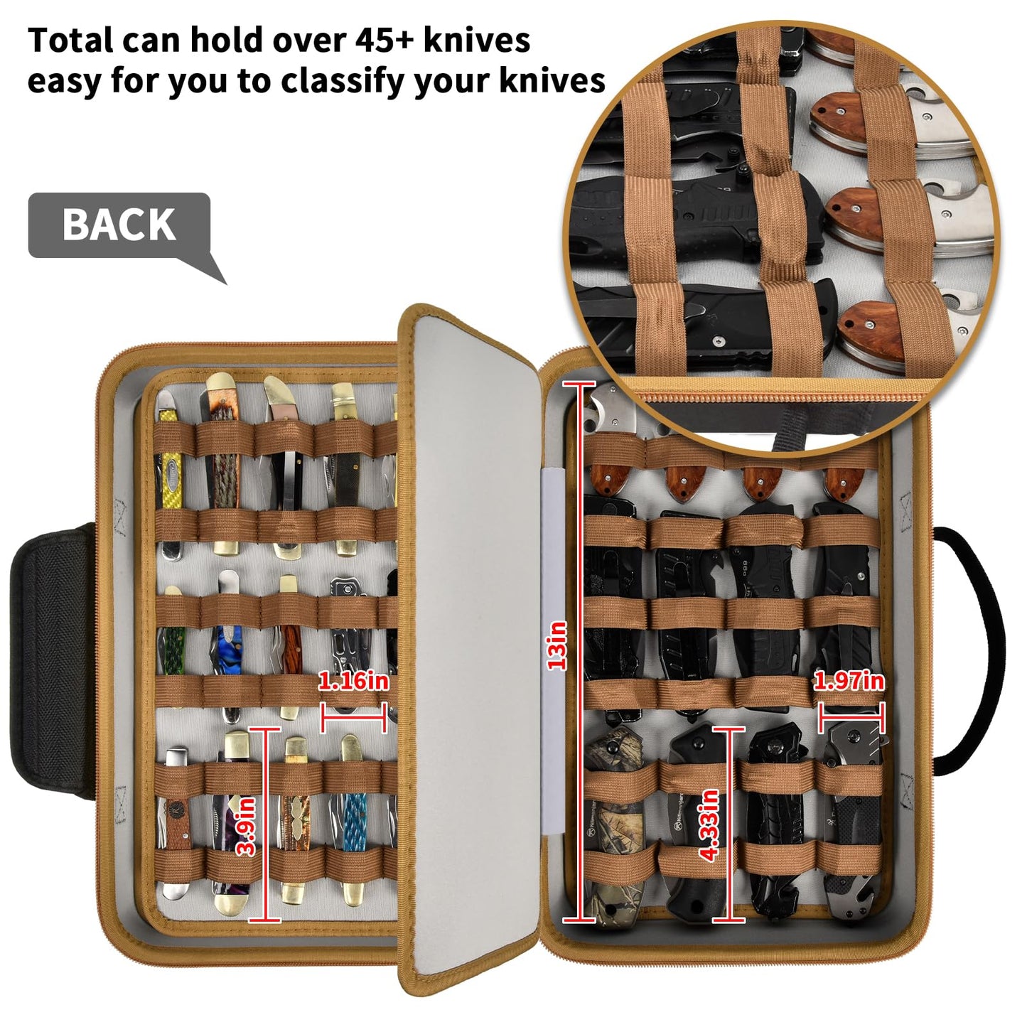 ANKHOH Knife Display Case for 56+ Pocket Knives, Collection Storage & Display Holder for Folding, EDC, Tactical, Survival Knives, Portable Carrying Box for Hunting, Camping(Brown)