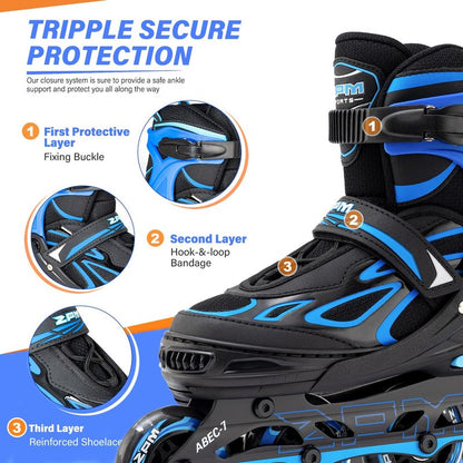 2PM Sports Vinal Boys and Girls Adjustable Flashing Inline Skates, All Wheels Light Up, Fun Illuminating Skates for Kids and Men- Azure Medium(1Y-4Y US)