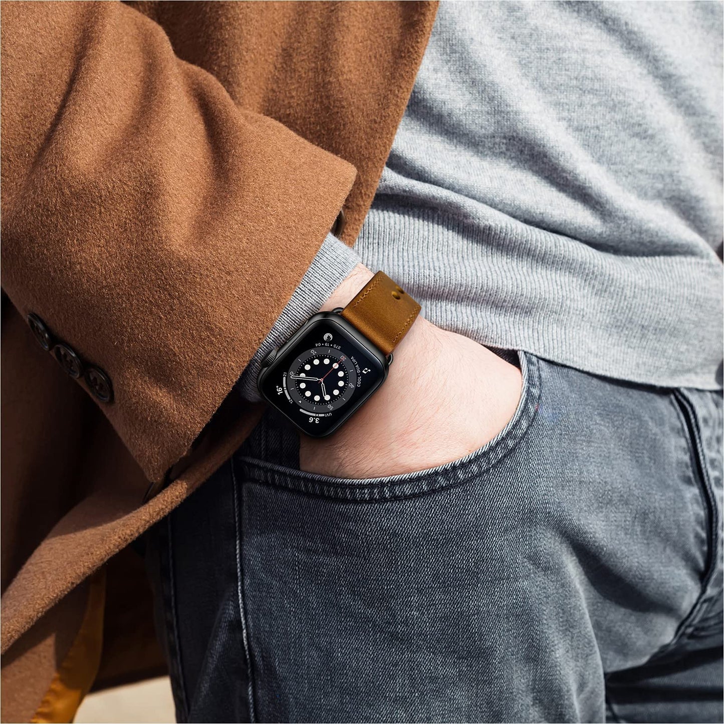 OUHENG Leather Bands Compatible with Apple Watch Band 49mm/46mm/45mm/44mm/42mm, Genuine Leather Strap for iWatch Ultra 3/2/1 & SE 3/2/1 Series 11 10 9 8 7 6 5 4 3 2 1 (Retro Brown/Black)