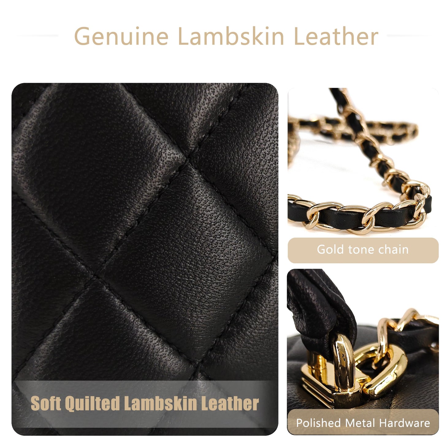 M-ioi-M Soft Lambskin Small Purse Genuine Leather Mini Crossbody Bag for Women with Gold Chain Strap, Quilted Top-Handle Shoulder Handbag, Classy Designer Dressy Evening Purse, Vanity Case Bag(Black)