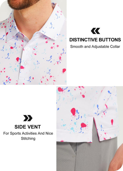 Libin Golf Shirts for Men Short Sleeve Quick Dry Performance Moisture Wicking Print Collared Polo Shirts Casual Business, White Colorful Dots, Large