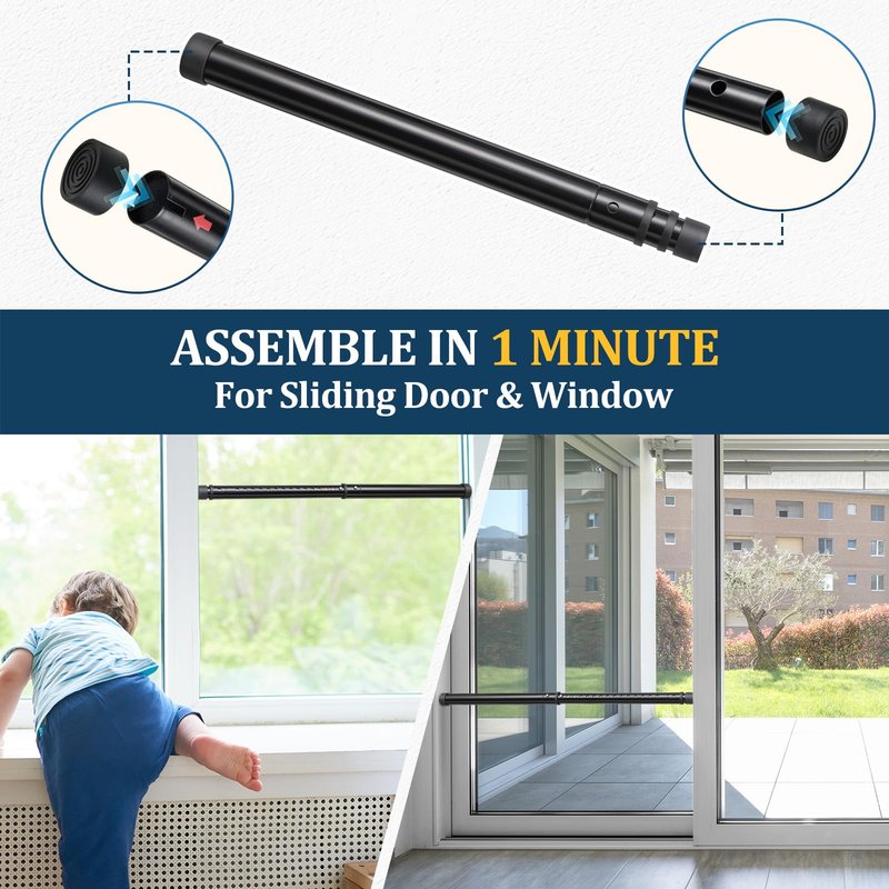 3-in-1 Door Security Bar, Heavy-Duty Metal Rod Sliding Patio Door Security Bar with 2.8" Non-Slip Base, 16"-41.7" Adjustable Door Barricade Security Bars for Doors & Windows,Home,Renters,Apartments
