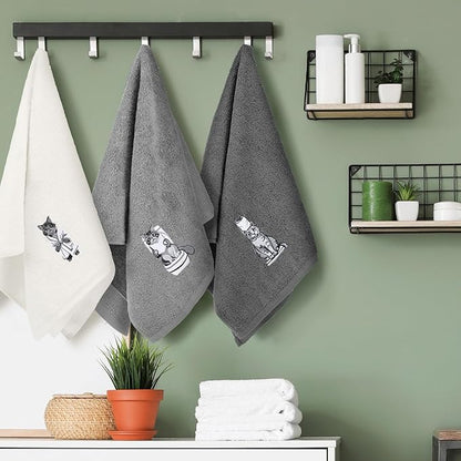 3 Pcs Cat Bathroom Hand Towels Set Cute Black Cat Embroidered Decorative Funny