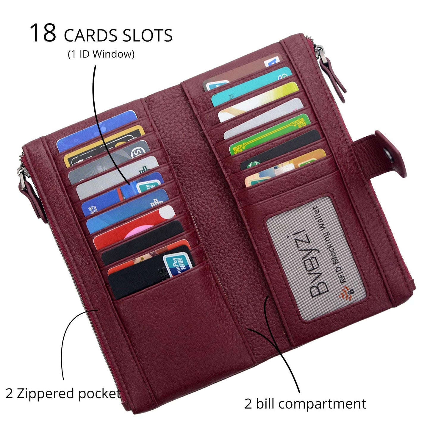 Bveyzi Women Soft Leather RFID Blocking Bifold Slim Wallets Ladies Credit Card Holder Double Zipper Pocket (Wine Red)