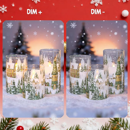 Christmas Flickering Flameless Candles Village House Decor Glass Real Wax LED Battery Operated Pillar Candle with Remote Timer Christmas Church Decorations for Home Party, Winter Holiday DIY, Gifts