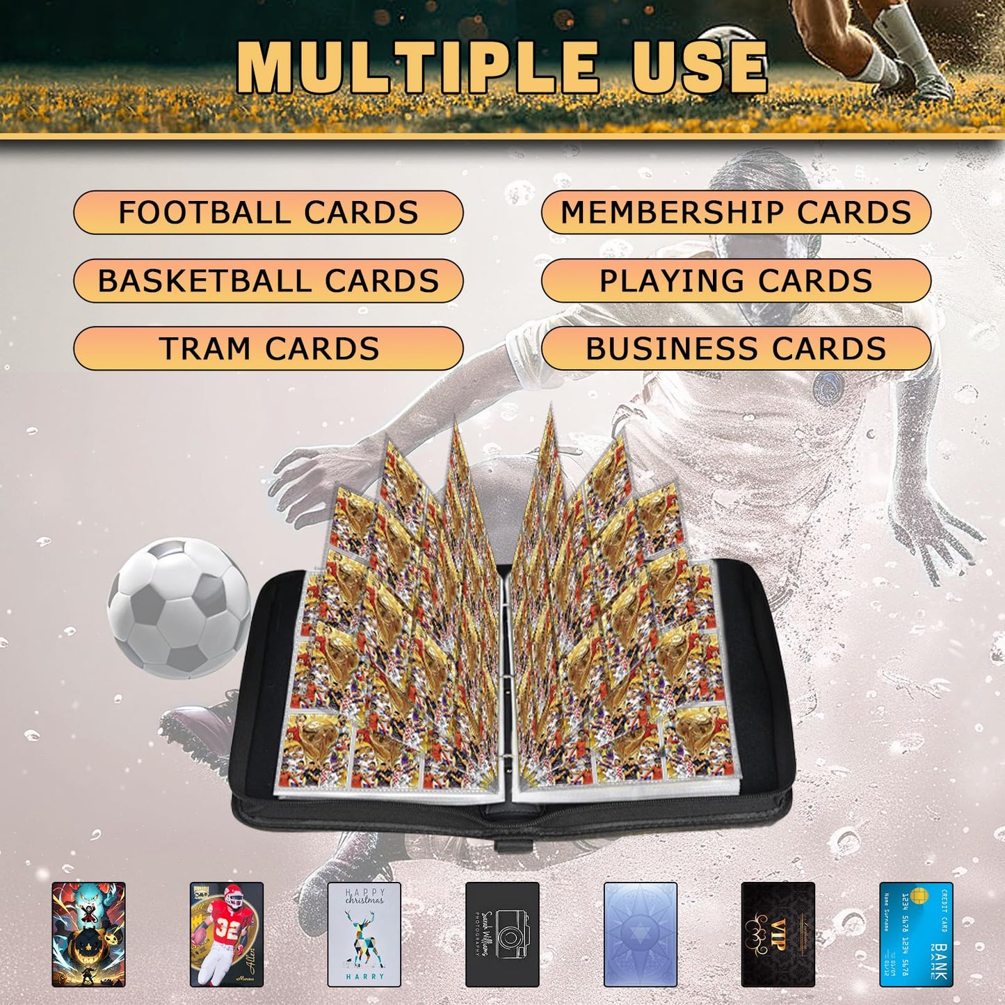 Soccer Card Binder 9 Pocket,Trading Card Binder Fits 900 Cards with 50 Removable Sleeves,Waterproof PU Leather 3-Ring Zipper Card Organizer,Portable Card Holder for Football Fans ＆ Collectors