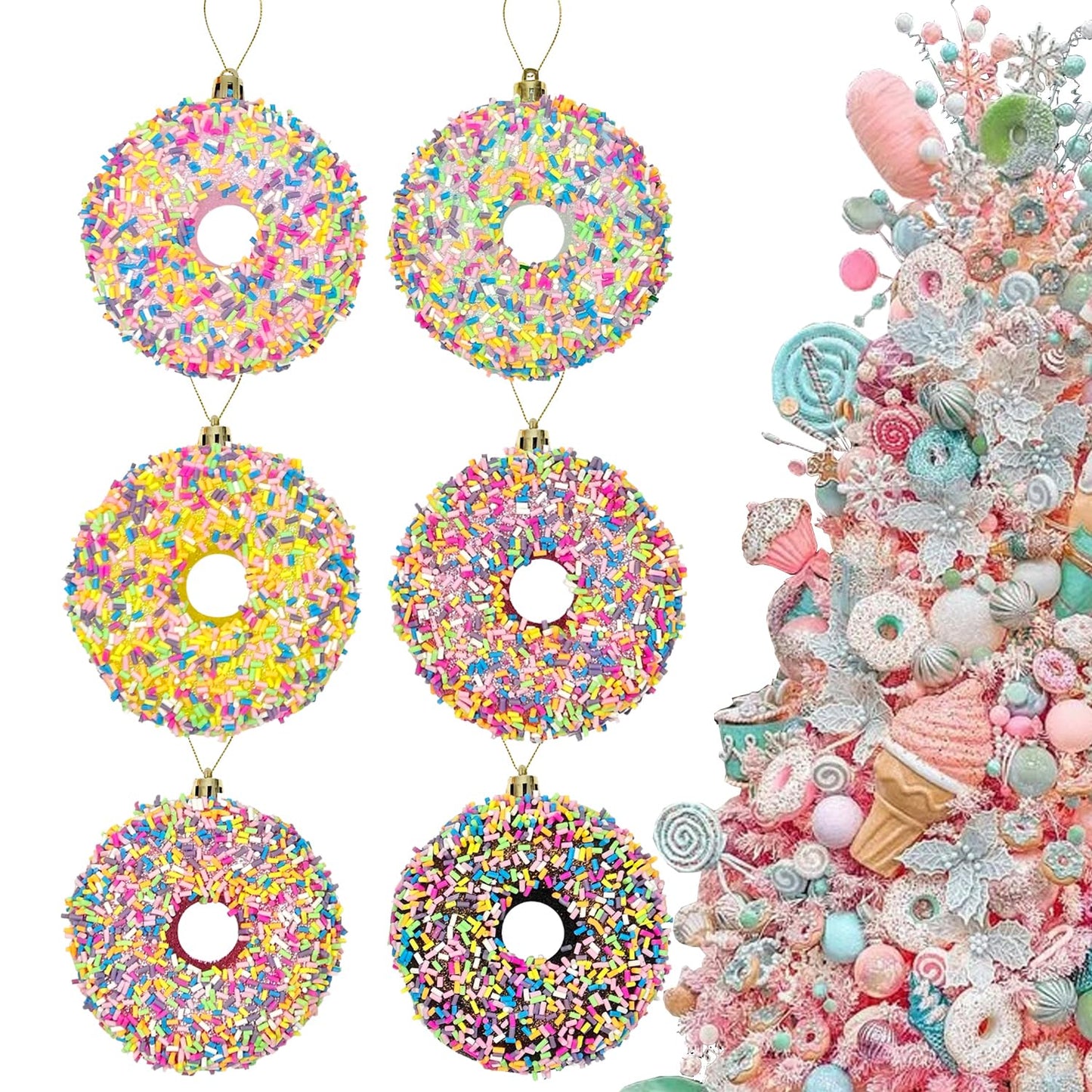 6Pcs 3.4inch Christmas Dessert Donut Candy Land Ornaments Decoraion,Hanging Candy Cane Crafts for Xmas Tree Décor,Ideal for Xmas, New Year, Birthdays, Weddings & Home Parties
