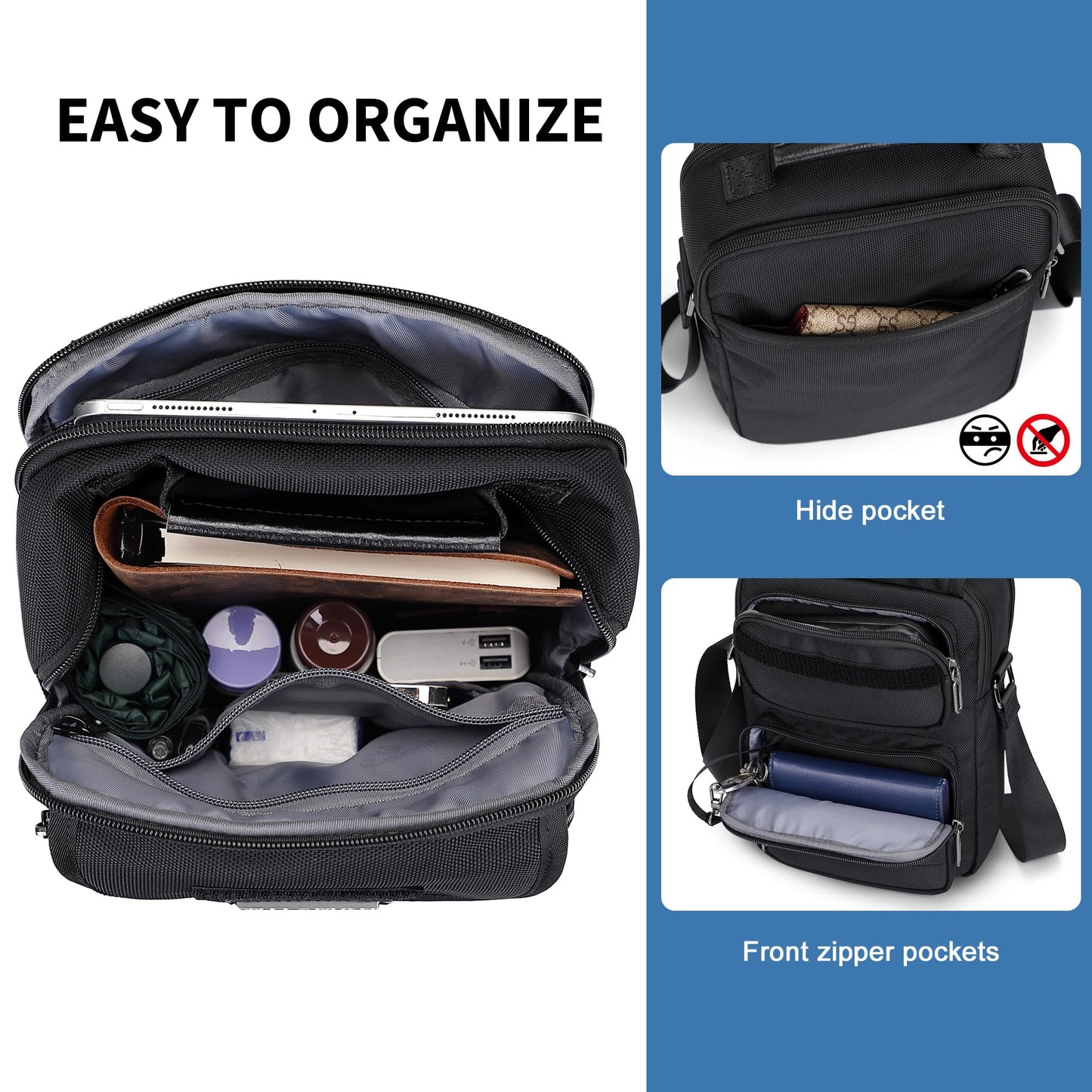WITZMAN Crossbody Bag for Men Casual Shoulder Bag Lightweight Nylon Messenger Bag Small Man Purse for Work Travel(B710 Black)