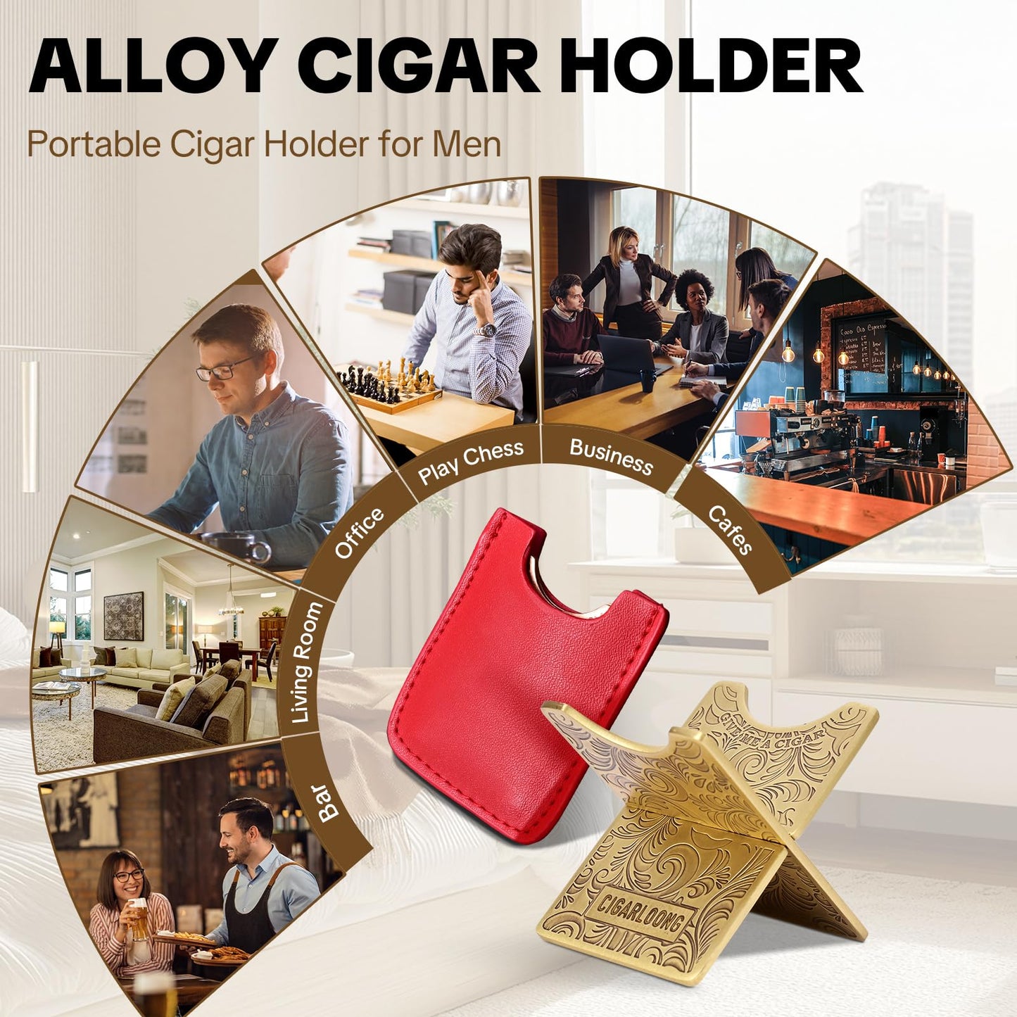 Cigar Stand Rest,Portable Detachable Cigar Stand Holder with PU Leather Case for Travel Outdoor Indoor,Gift for Men (Bright gold)