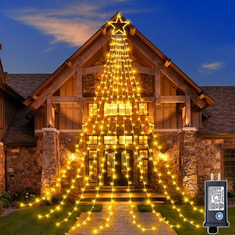 Nielfoi 12FT 344 LED Christmas Tree Lights, Plug in Waterfall String Lights with Topper Star, Waterproof 8 Modes Outdoor Christmas Decorations for Indoor Patio Yard Lawn Party, Warm White