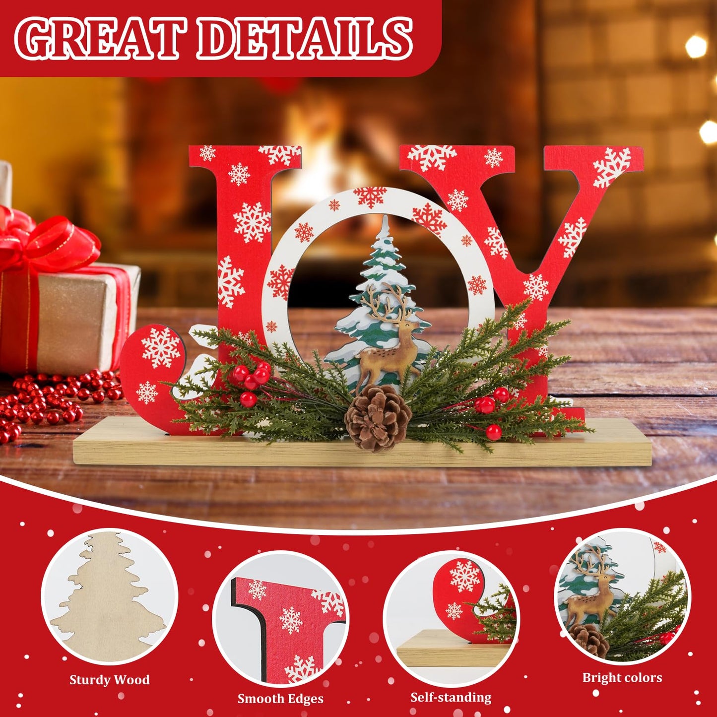 Christmas Wooden Joy Sign Decor,Christmas Tiered Tray Tabletop Decorations Indoor,Cutout Letter Freestanding Xmas Centerpiece Table Joy Sign for Party New Year Winter Holiday Home Fireplace Decor