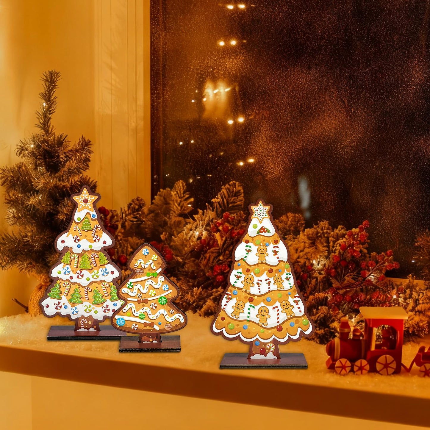 Cinrobiye 6 Pcs Christmas Table Decorations, Gingerbread Tree Tabletop Centerpieces Farmhouse Rustic Wood Xmas Trees for Home Mantel Fireplace Winter Holiday Party Supplies Decor
